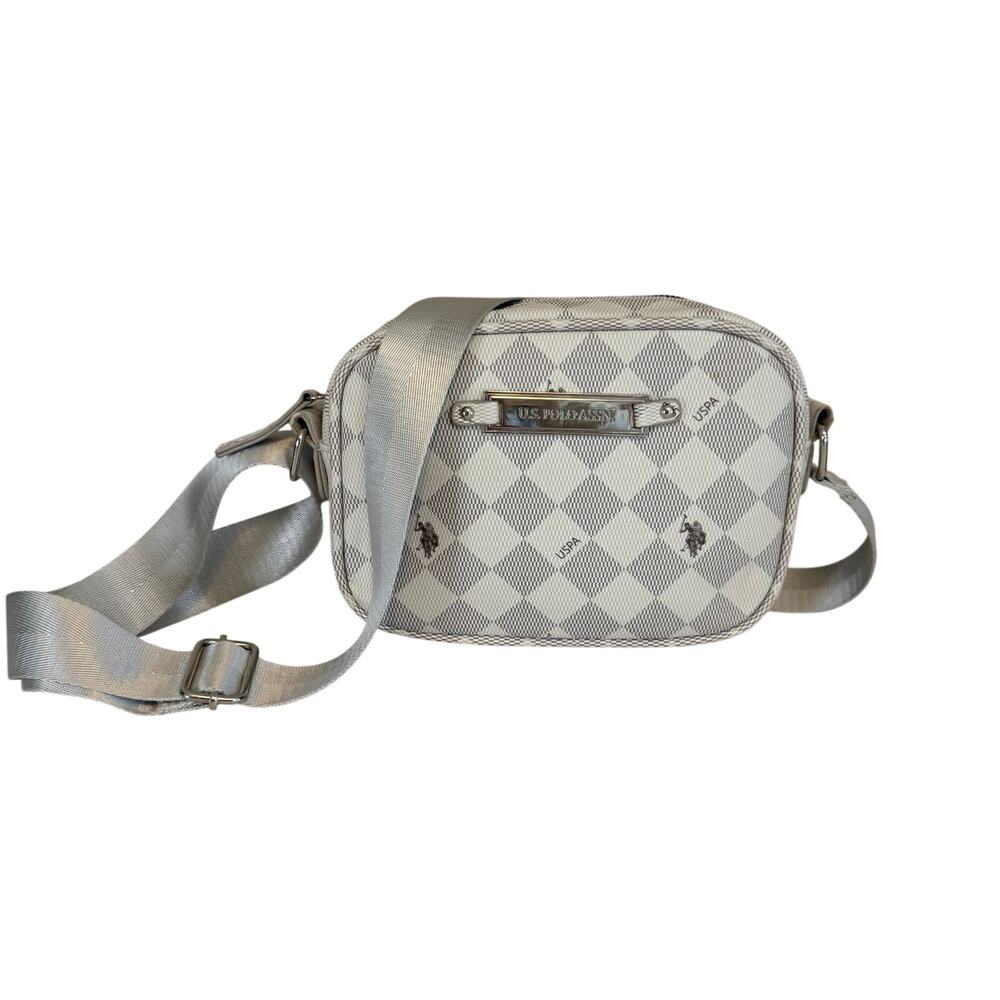 US Polo Assn Crossbody Bag OS White Grey Checkered Camera Shoulder Purse Preppy